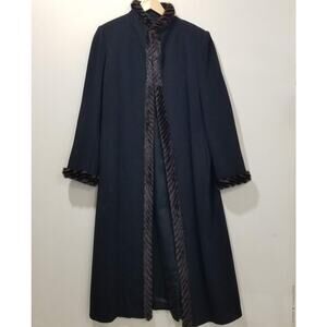 Marvin Richards Coat Womens 8P Black Wool Cashmere Fur Trim Long Overcoat USA